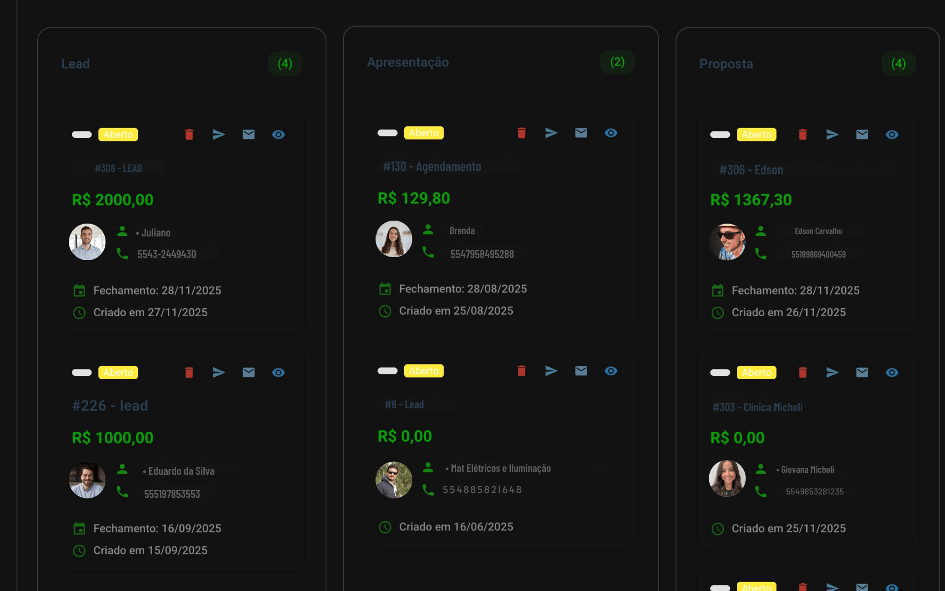 Visualização do CRM Kanban com funil de vendas